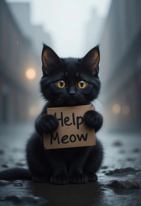 a very cute little black cat with watery eyes, lost on an island, This very cute little cat holds a sign, with "Help Meow" written on the sign, only one sign,
sad expression, perfect masterpiece, watery eyes, raining, puddle, mud,
<lora:Add_More_details_Flux:1>