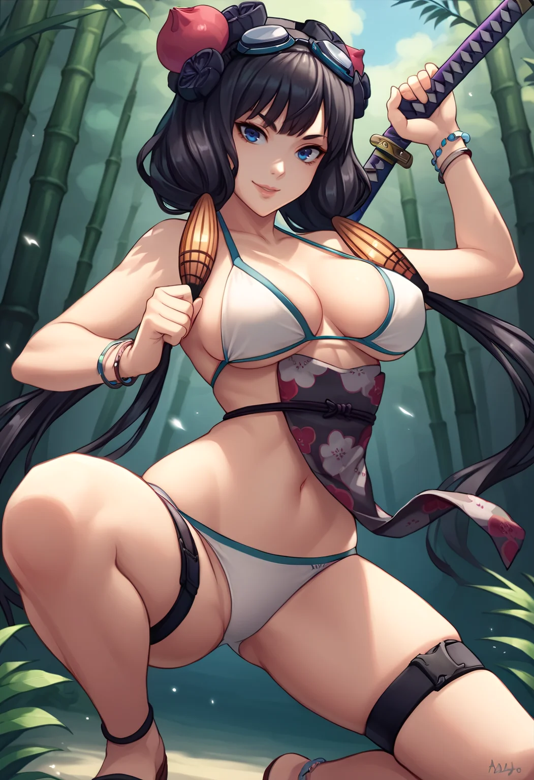 score_9, score_7_up, source_anime BREAK 1girl, solo, looking at viewer, cowboy shot,
<lora:KatsushikaSaberswim_Dwnsty:0.9>, saberswim, black hair, blue eyes, hair ornament, long hair, twintails, goggles on head, white bikini, floral print, jewelry, thigh strap, bracelet, sash, pelvic curtain, katana, holding sword, fighting stance,
large breasts, skindentation, smile, lips, squatting,
outdoors, nature, blue sky, bamboo forest,