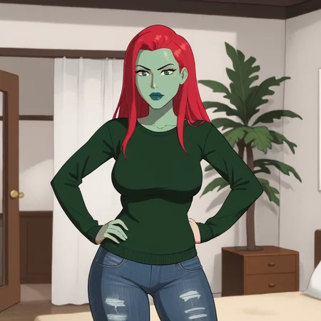<lora:poisonivycartoon_pony_v1:.95> PoisonIvyBikiniCartoon, 1girl, lipstick, makeup, large breasts, green skin, colored skin, long red hair, black lips, cowboy shot, sweater, jeans