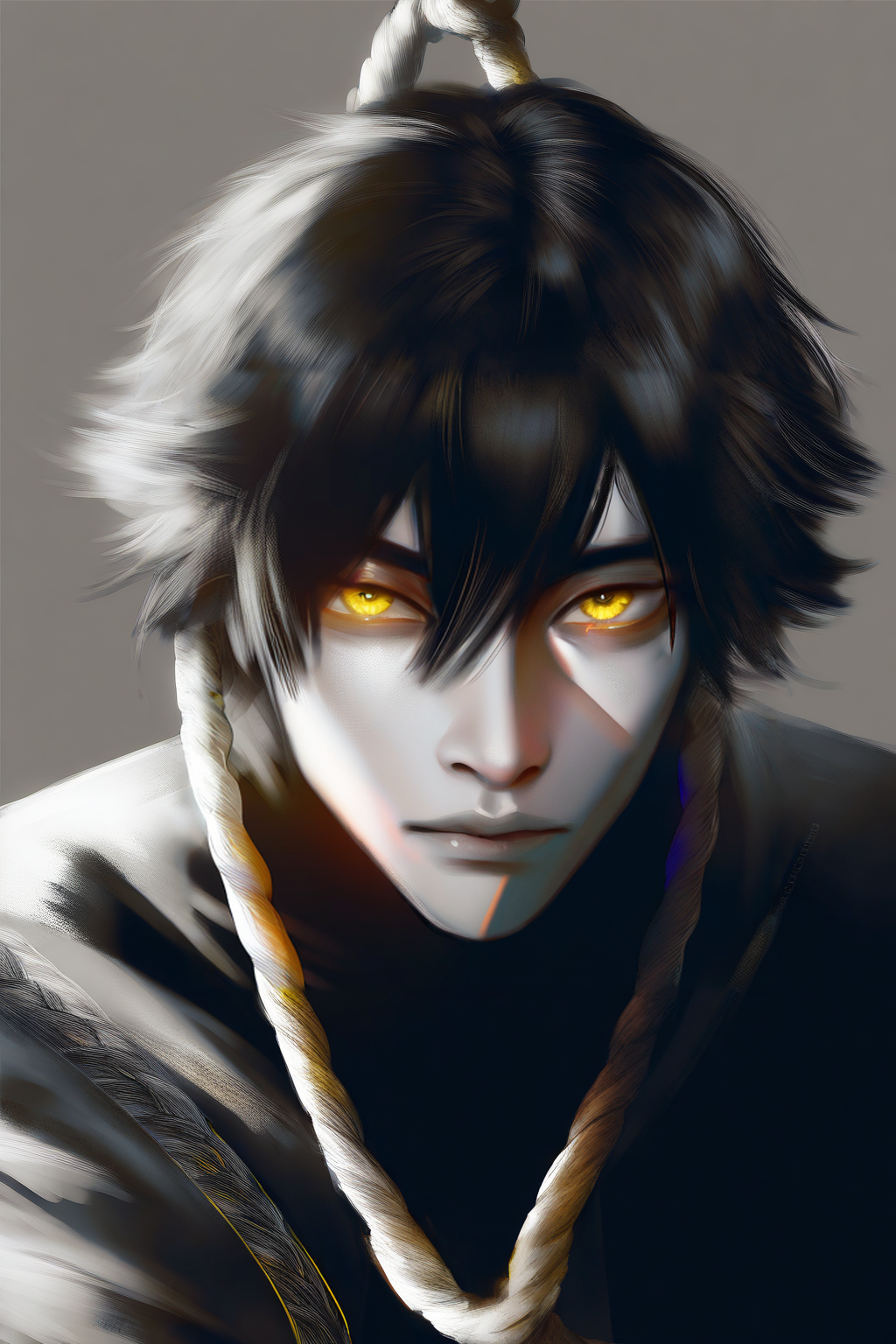 masterpiece, best quality, amazing quality, black_hair, 1boy, solo, male_focus, spot_color, rope, yellow_eyes, noose, upper_body, monochrome, grey_background, looking_at_viewer, closed_mouth, simple_background, <lora:xte style NAI:1> xte style, hand draw style, brush style