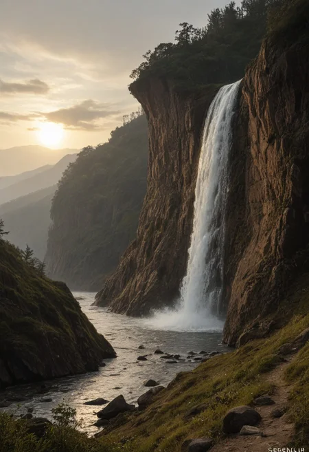A surreal and haunting scene set in what appears to be a vast, desolate landscape. The focal point of the image is a massive, skeletal jawbone that dominates the foreground. The jawbone is weathered and ancient, with sharp, jagged teeth that seem to glow faintly in the dim light. Behind the jawbone, a large waterfall cascades down a rocky cliff face, its white water contrasting sharply with the dark, reddish-brown hues of the surrounding terrain. In the distance, a lone figure stands on the ground, dwarfed by the immense scale of the environment. The person's silhouette is small and solitary, adding to the sense of isolation and awe. The overall atmosphere is one of mystery and otherworldliness, evoking a feeling of being in a forgotten, primordial world.
j_art, anime, anime art, <lora:FLUX\jul\J_Anime:0.6>, <lora:FLUX\RealAnime:0.6>
