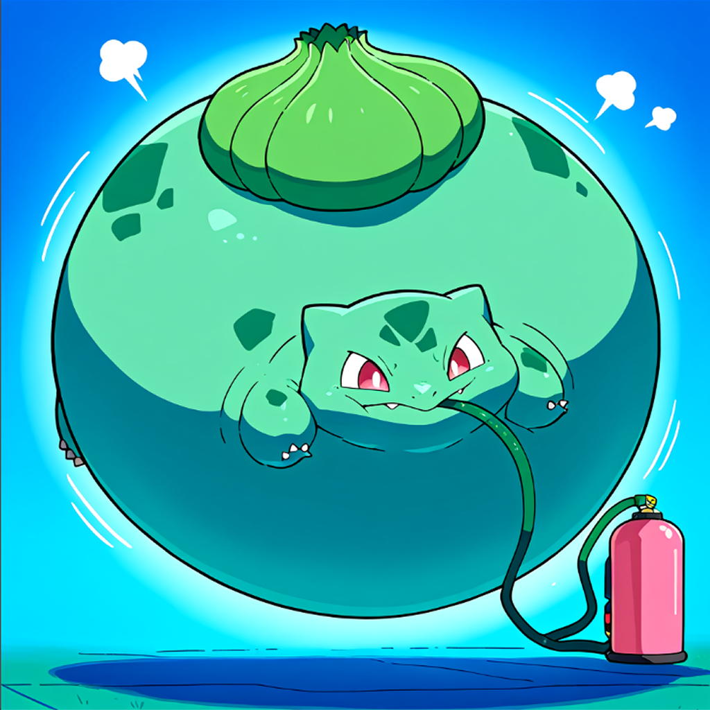 spherical-inflation, pokemon \(creature\), huge bulbasaur, face down, hose in mouth, gas tank, floating, motion lines, air leaking,