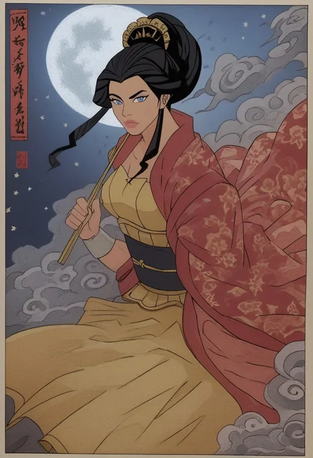 score_9, score_8_up, score_7_up, score_6_up, score_5_up, score_4_up, <lora:traditional_Japanese_art:0.8>,  traditional japanese art, fighting stance, masterpiece, highres, 1girl, sexy amazon woman, detailed blue eyes, perfect detailed face, ears, black hair, mystical, sensual, slim, medium breasts, wearing short kimono, night, moon, floating on clouds