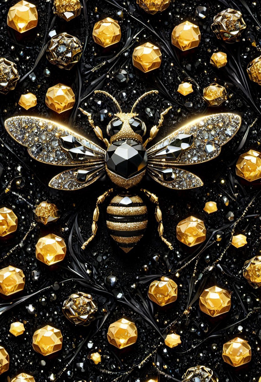 Honeybee made out of black diamonds, honeycomb shimmering glistening black diamonds that twinkle, honey falling to the grounds, gold string ties it all together, p1nkblackd1am0nds, enhanced textures, creative, beautiful, vibrant, masterpiece, 8k, ultra HD, ultra-detailed, amazing quality, amazing artist, sharp edges, detailed textures, full view, atmospheric lighting, amazing visuals