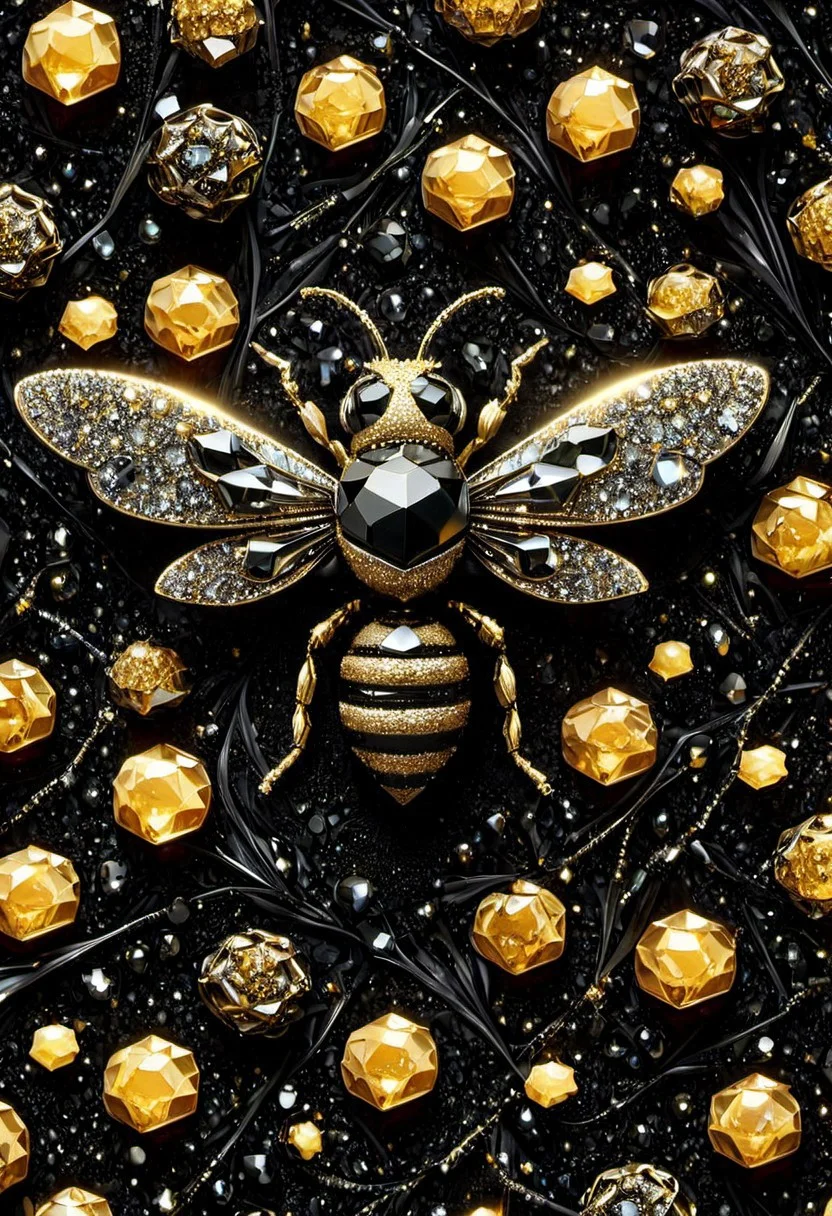 Honeybee made out of black diamonds, honeycomb shimmering glistening black diamonds that twinkle, honey falling to the grounds, gold string ties it all together, p1nkblackd1am0nds, enhanced textures, creative, beautiful, vibrant, masterpiece, 8k, ultra HD, ultra-detailed, amazing quality, amazing artist, sharp edges, detailed textures, full view, atmospheric lighting, amazing visuals