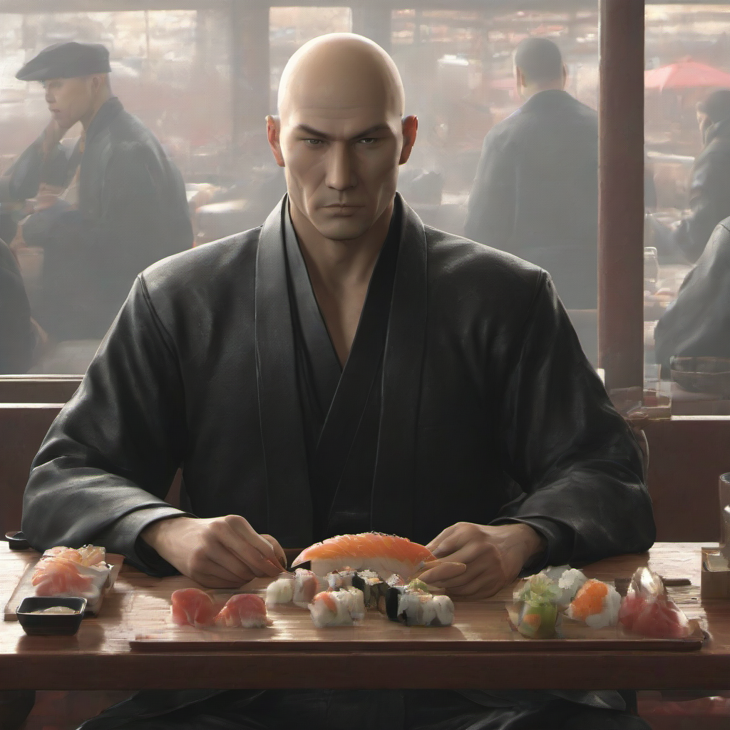 masterpiece,high quality,
 <lora:PE_Hitman47:0.8>  PEHitman,
eating sushi,sitting inside restaurant