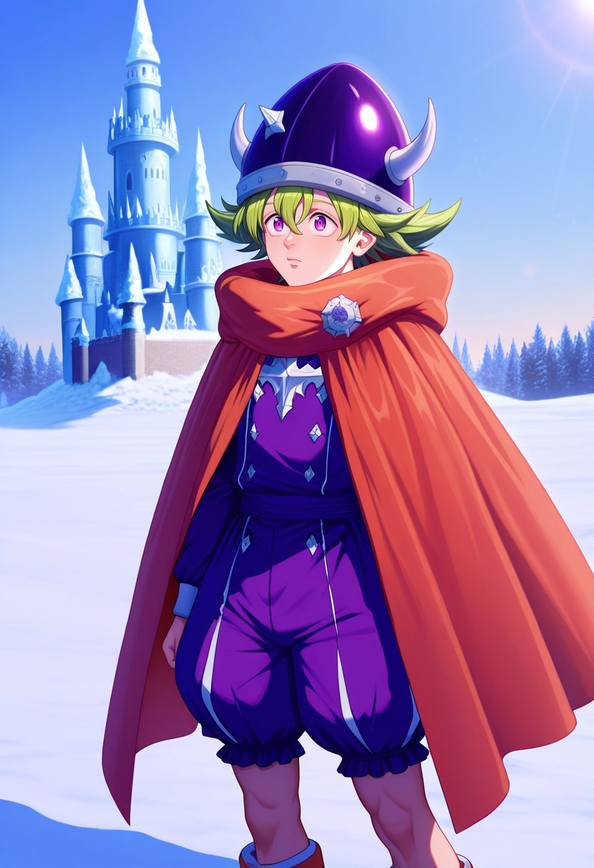 masterpiece, best quality, , (realistic:0.6),, 1boy, solo, male focus, <lora:percival_nnt_mny_ilxl:0.94>, percival_nnt_mny, green hair, purple eyes, spiked hair, hair between eyes, bangs, helmet, horned headwear, orange cape, puffy shorts, winter castle, ice towers, snow courts, frost gardens, royal pose, majestic expression, morning,