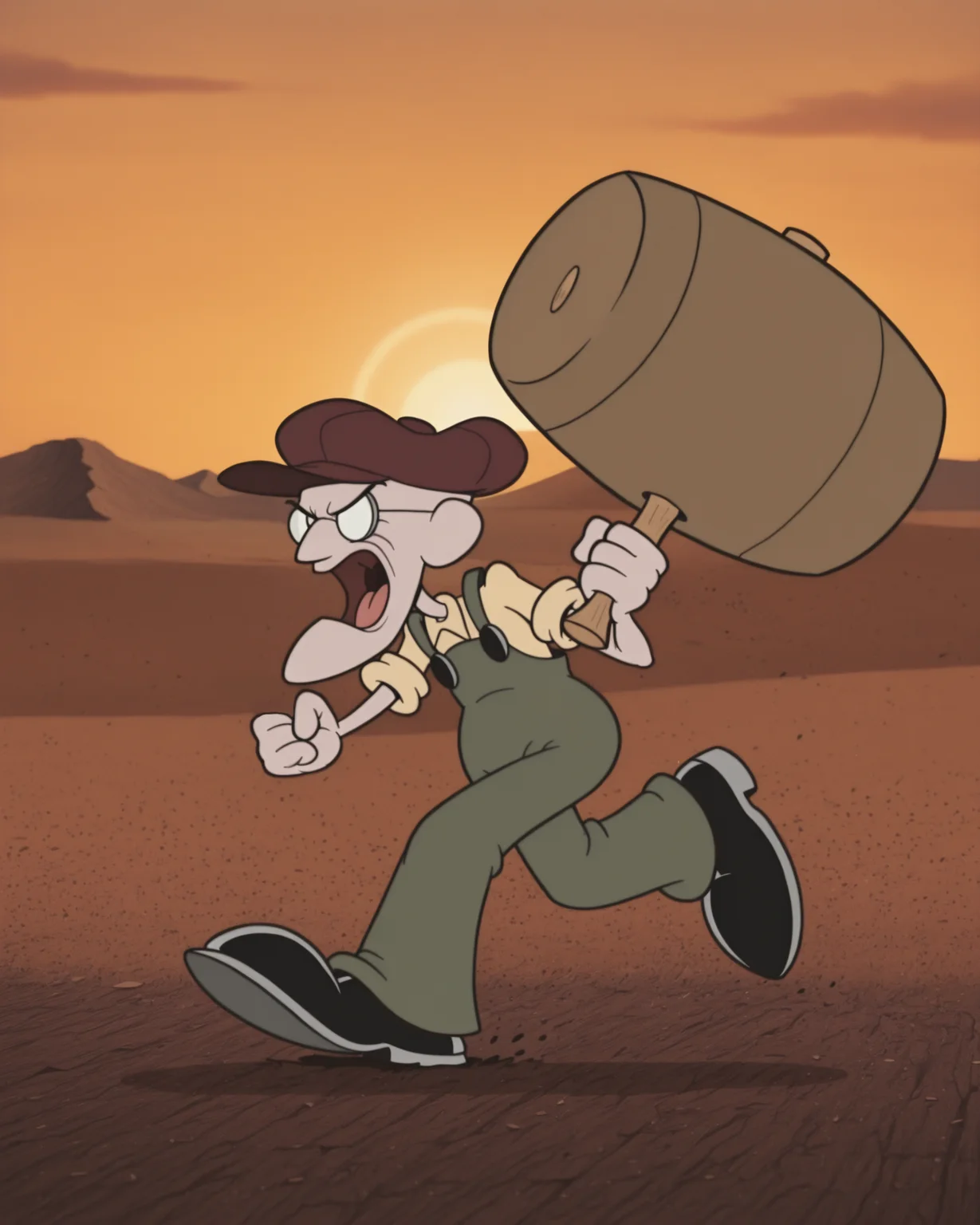 RetroXL, toon \(style\), flat color, Masterpiece, best quality, (close up), absurdres, highest quality, Eustace, Bagge, green overalls, yellow shirt, grumpy expression, glasses, hat, (holding a giant mallet in one hand), running:1.3, angry, open mouth, screaming, BREAK outdoors, farm, desert, detailed background, <lora:Eustace_Bagge_Courage_-_IL:0.8>, <lora:RetroToonXL_Style:1.1>