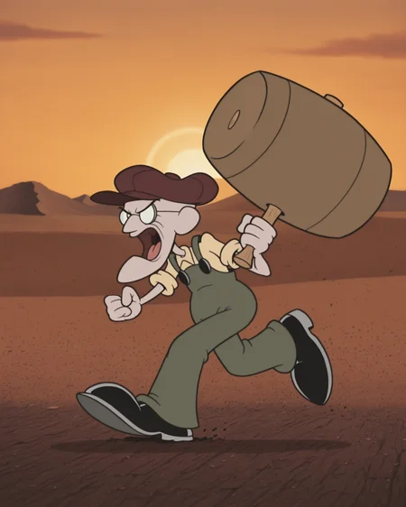 RetroXL, toon \(style\), flat color, Masterpiece, best quality, (close up), absurdres, highest quality, Eustace,  Bagge, green overalls, yellow shirt, grumpy expression, glasses, hat, (holding a giant mallet in one hand), running:1.3, angry, open mouth, screaming, BREAK outdoors, farm, desert, detailed background,  <lora:Eustace_Bagge_Courage_-_IL:0.8>,  <lora:RetroToonXL_Style:1.1> 