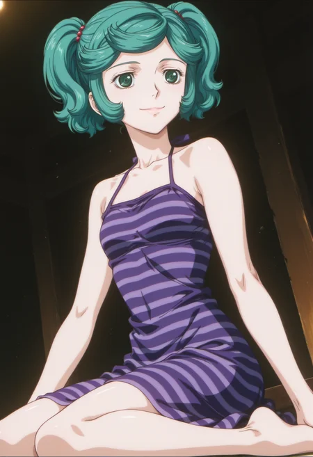 anime screencap, anime coloring, 1girl, solo, <lora:DX888SchierkeIL:1>schierke, green hair, green eyes,short hair, twintails, purple dress, halter dress, medium dress striped dress, BREAK black background, mosaic background, BREAK dutch angle, from below, from side, dynamic pose, posing, smile, thumbs up, wariza,
