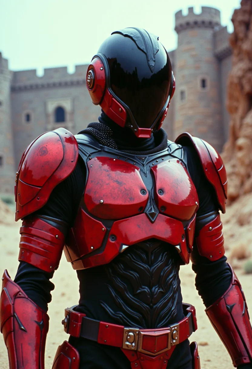 low quality 1980 movie screengrab, cinematic, black, A vivid portrayal of a humanoid figure, possibly a robot or alien, set against a vast, barren landscape. The figure is adorned in a striking red and black armor, with intricate patterns and textures that appear to be made of a combination of metal and plastic. The armor is detailed with sharp, angular designs, and the helmet has a sleek, modern design with a glossy finish. the background is standing out against the dark fantasy castle walls , film grain, lowres, blurry
