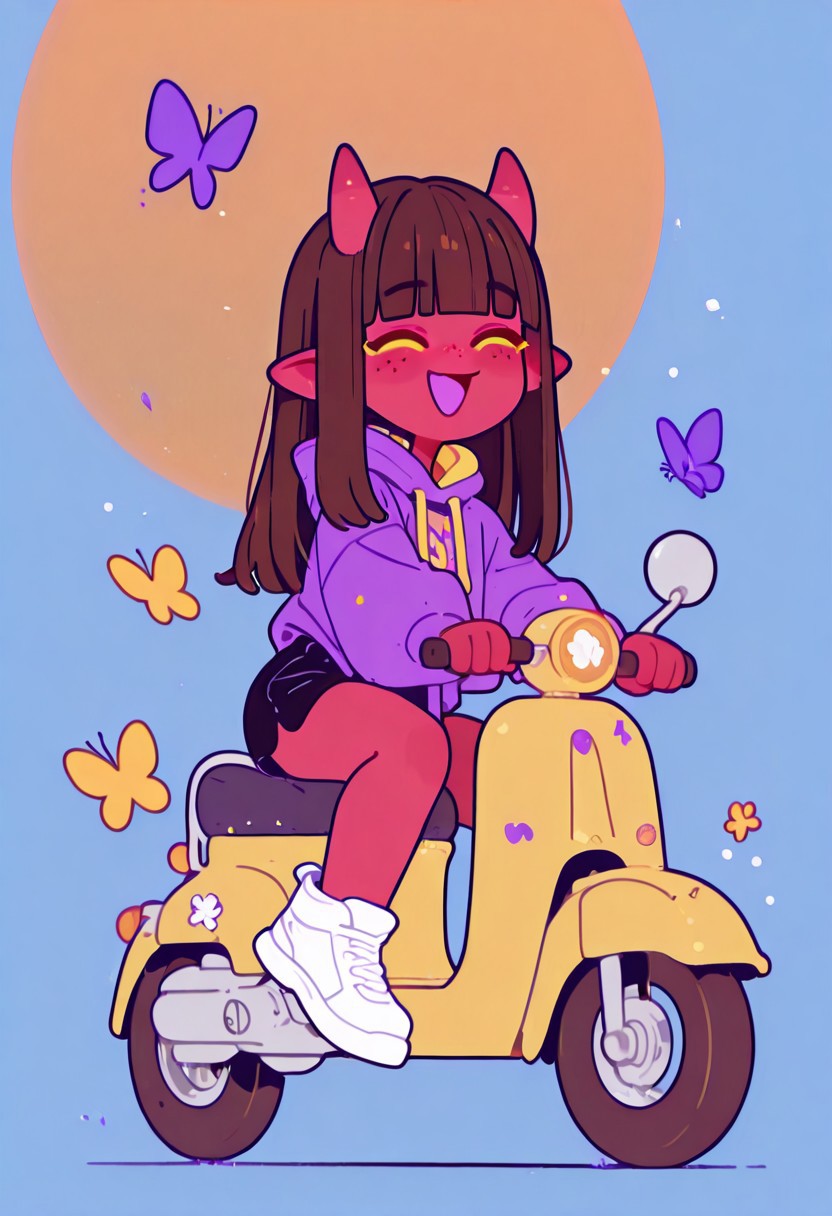 masterpiece, best quality, good quality, newest, highres, absurdres, 
meruILXL, 1girl, colored skin, red skin, horns, brown hair, long hair, blunt bangs, yellow eyes, freckles, , blush, smile, open mouth,  maroon-colored hoodie, black short shorts, full body, closed eyes, :d, shoes, white footwear, chibi, ^ ^, blue background, happy, facing viewer, butterfly, motor vehicle, riding, orange background, yellow scooter, on scooter, Flatline, Flat vector illustration <lora:illustriousXL_stabilizer_v1.23:0.3> <lora:NOOB_vp1_detailer_by_volnovik_v1:0.3> <lora:ponyv6_noobE11_2_adamW-000017:0.3> <lora:XXX667:0.7> <lora:checkpoint-e18_s306:2>