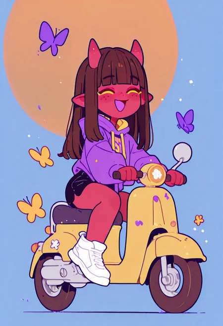 masterpiece, best quality, good quality, newest, highres, absurdres, 
meruILXL, 1girl, colored skin, red skin, horns, brown hair, long hair, blunt bangs, yellow eyes, freckles, , blush, smile, open mouth,  maroon-colored hoodie, black short shorts, full body, closed eyes, :d, shoes, white footwear, chibi, ^ ^, blue background, happy, facing viewer, butterfly, motor vehicle, riding, orange background, yellow scooter, on scooter, Flatline, Flat vector illustration <lora:illustriousXL_stabilizer_v1.23:0.3> <lora:NOOB_vp1_detailer_by_volnovik_v1:0.3> <lora:ponyv6_noobE11_2_adamW-000017:0.3> <lora:XXX667:0.7> <lora:checkpoint-e18_s306:2>