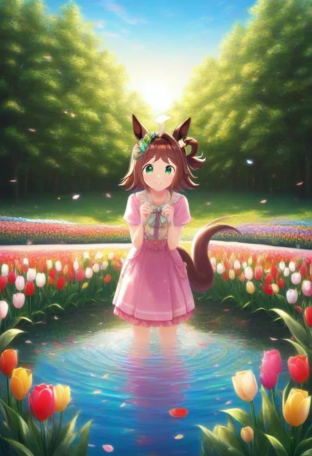 (umamusume, rhein_kraft_(umamusume), horse_ears, horse_girl, tail, 1girl, ahoge, animal_ears,)
casual, Tulip,Tulip flower, Tulip flower_field,
head_wreath, looking_at_viewer, solo, aesthetic, absurdres, symmetric , , g0ldsw0rthy,
(realistic, photo, artistic, medium_hair, one_eye_closed, petals, relaxing, smile, spiralling vortex made of multicoloured tulips, lush foliage sunrise, ripples, reflective, jaynl-tm, rainbow,green_eyes, hair_between_eyes, hair_ornament, : 0.7)