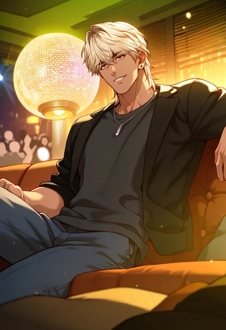 1boy, male focus, solo,
<lora:Character - Questism - JaehaHanPony-40:1> jaehahan, blonde hair, brown eyes, necklace, stud earrings, dark-skinned male,
,((zPDXL)), score_9_up, score_8_up, score_7_up, score_6_up, score_5_up, score_4_up, best quality, amazing quality, best aesthetic, amazing aesthetic, absurdres, year2023, uncensored, very nsfw, official art, official style, depth of field, detailed eye,
night, indoors, black shirt, jacket, ruins, couch, on couch, hands behind couch, nightclub, crowd, pants, (Nightclub:1.3), evil grin, disco ball,
<lora:Style - Expressive_H-000001:1> expressiveh