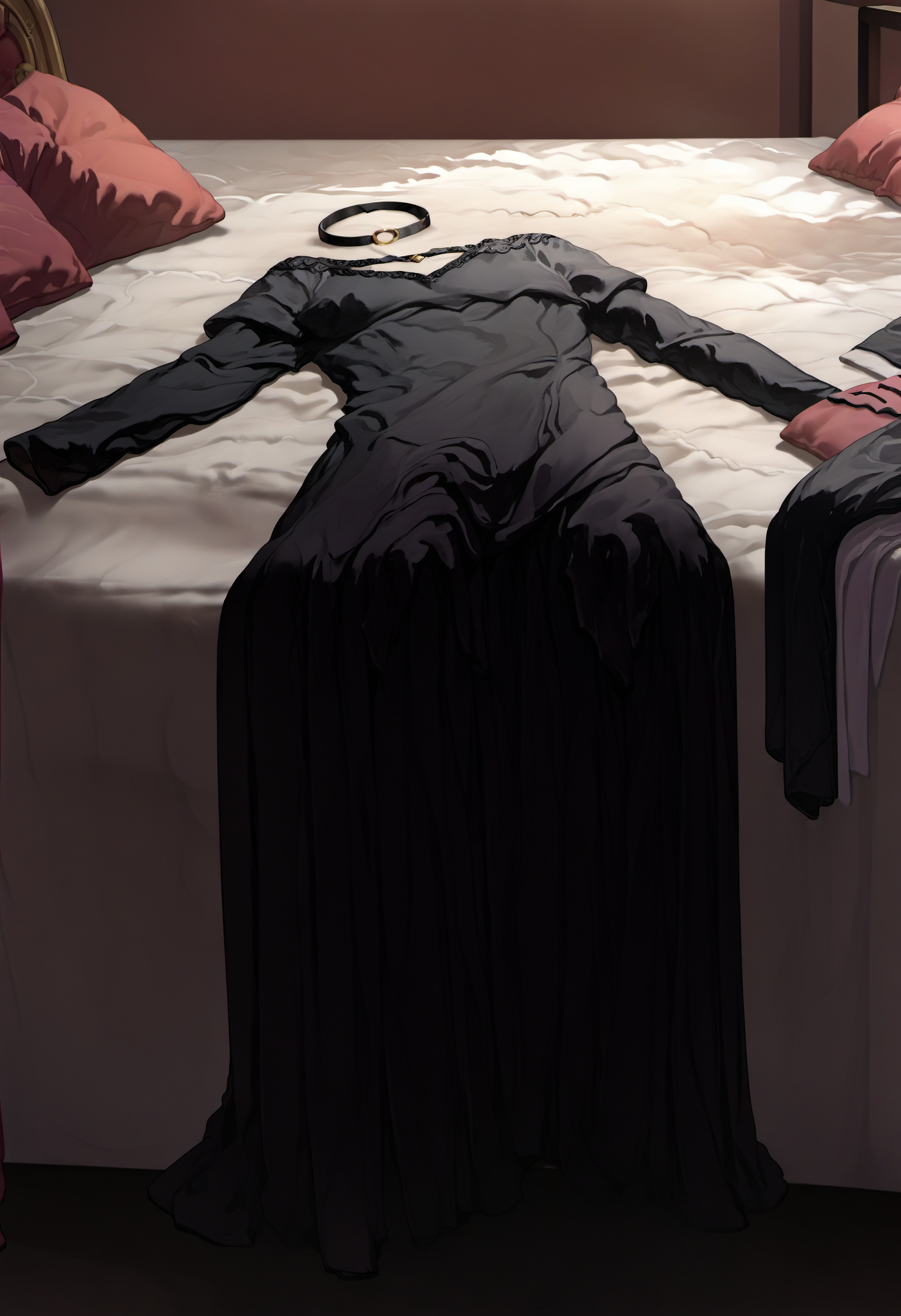 Prompt,
score_9,score_8_up,score_7_up,source_anime, <lora:clothes_removed:1.2> clothes removed, no humans,choker laying on bed,black dress on bed,long dress,bed,<lora:Hoseki_BocchiTheRock_Pasan_PDXL_v2:0.3>,