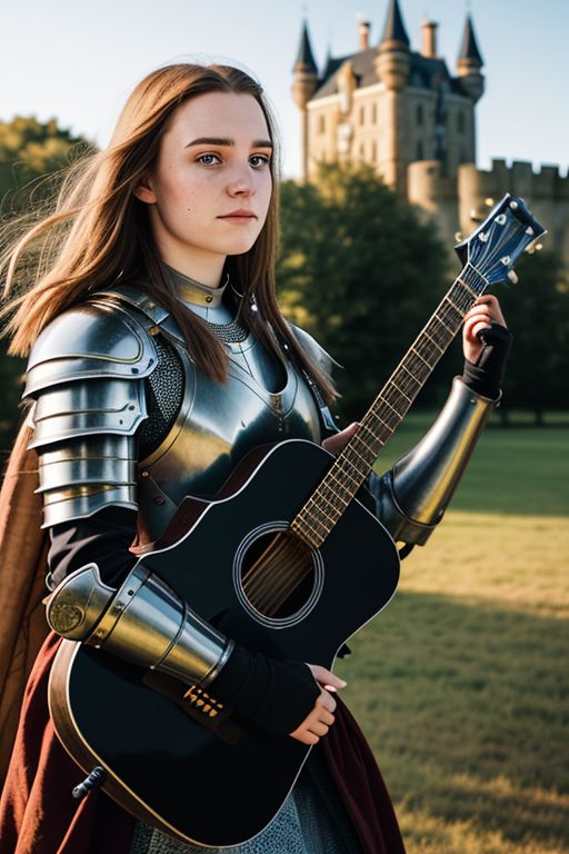 An up angle photo portrait of a 25-year-old woman, (medieval armor), metal reflections, outdoors, contrasting side sunlight, far away castle, eye contact, bokeh, blurry background, crest on chest, (a red banner), (skin blemishes and freckles:0.6), playing acoustic guitar, full of emotion