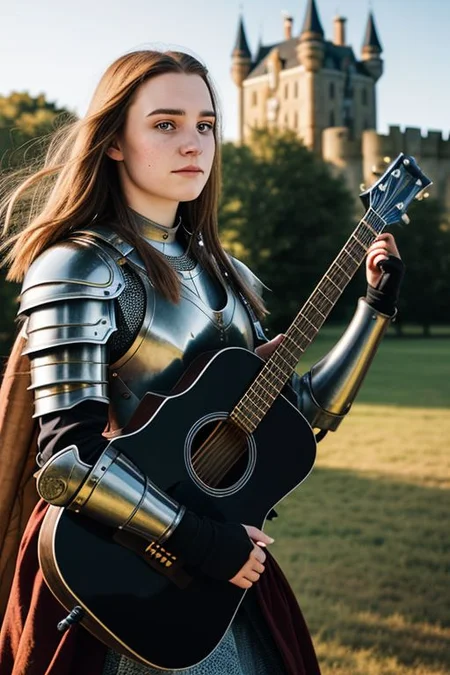 An up angle photo portrait of a 25-year-old woman, (medieval armor), metal reflections, outdoors, contrasting side sunlight, far away castle, eye contact, bokeh, blurry background, crest on chest, (a red banner), (skin blemishes and freckles:0.6), playing acoustic guitar, full of emotion