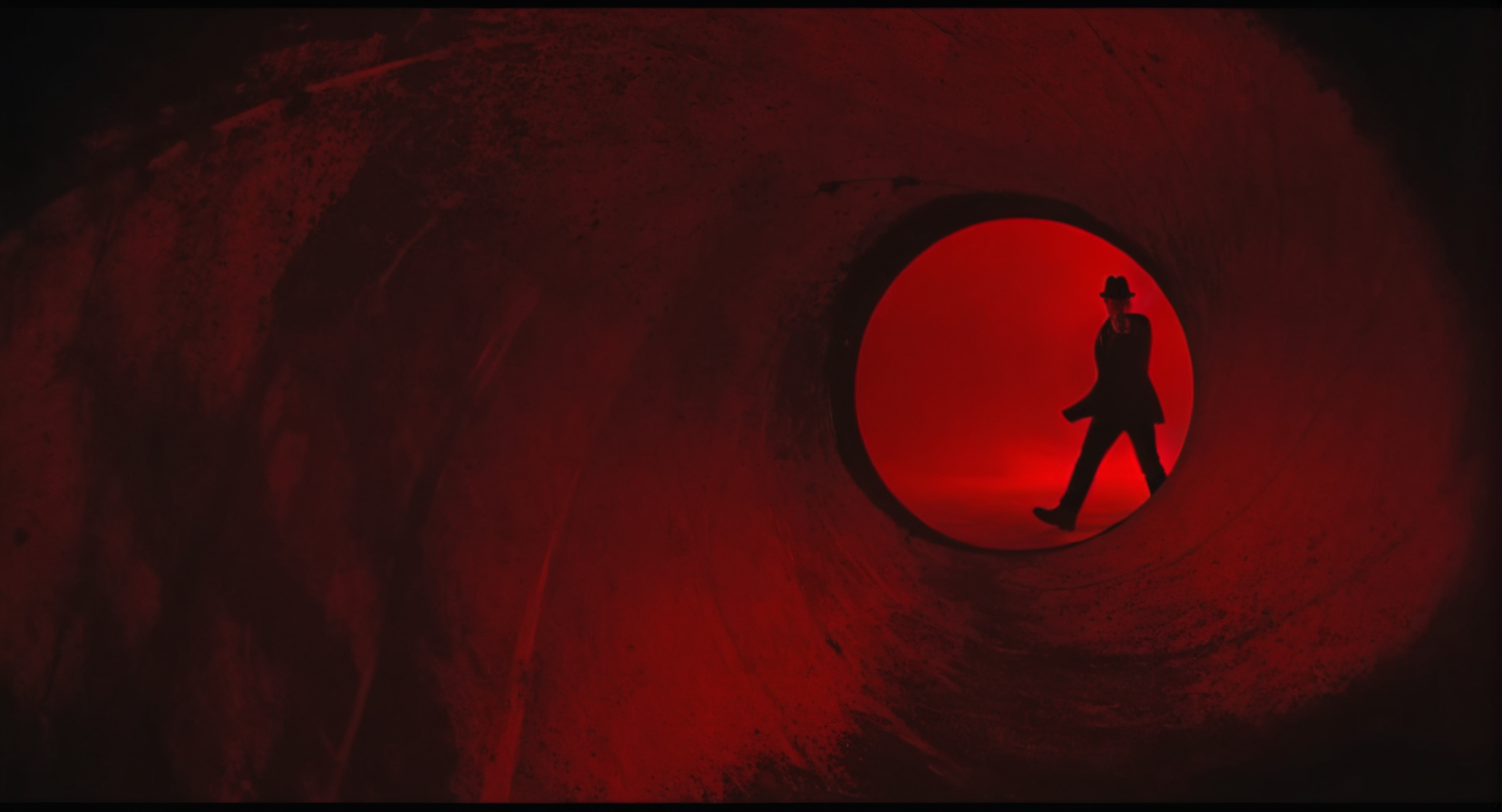 UHD, 4k, ultra detailed, cinematic, a photograph of <lora:Gun barrel sequence v2:1>
a man standing inside of a large pipe with bloody red light aiming a gun at camera is see through a tunnel hole,solo,1boy,hat,standing,male focus,silhouette,red theme,pillarboxed , Gun barrel hole,  gun barrel's interior,  pinhole camera, Gun barrel sequence style, epic, beautiful lighting, inpsiring