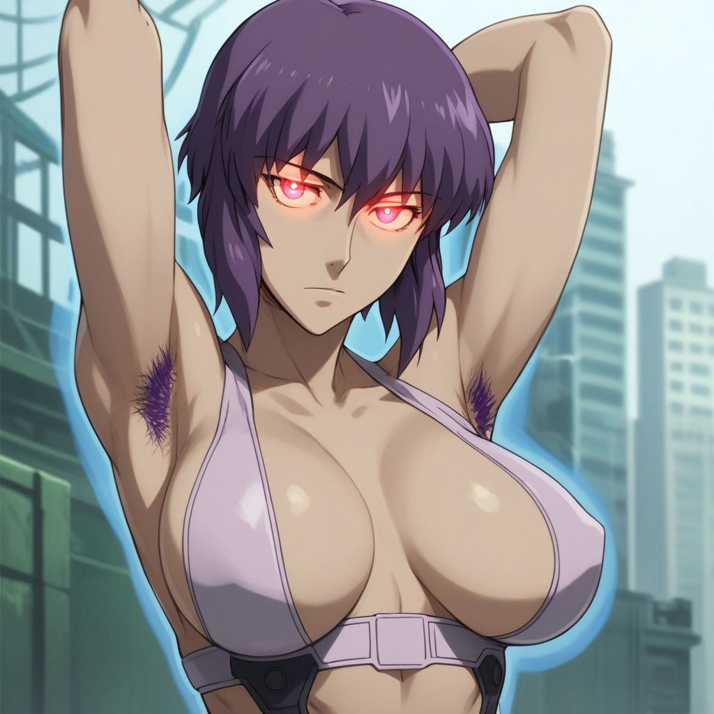 score_9, score_8_up, score_7_up, source_anime, expressive, anime, C0NTR4CT0R, speedlines, dynamic, 1girl, Motoko Kusanagi\(Ghost in the Shell\), (purple Hair:1.3), revealing clothing, armpit_hair, slender, short, large breasts, red_pupils, glowing, glowing eyes,