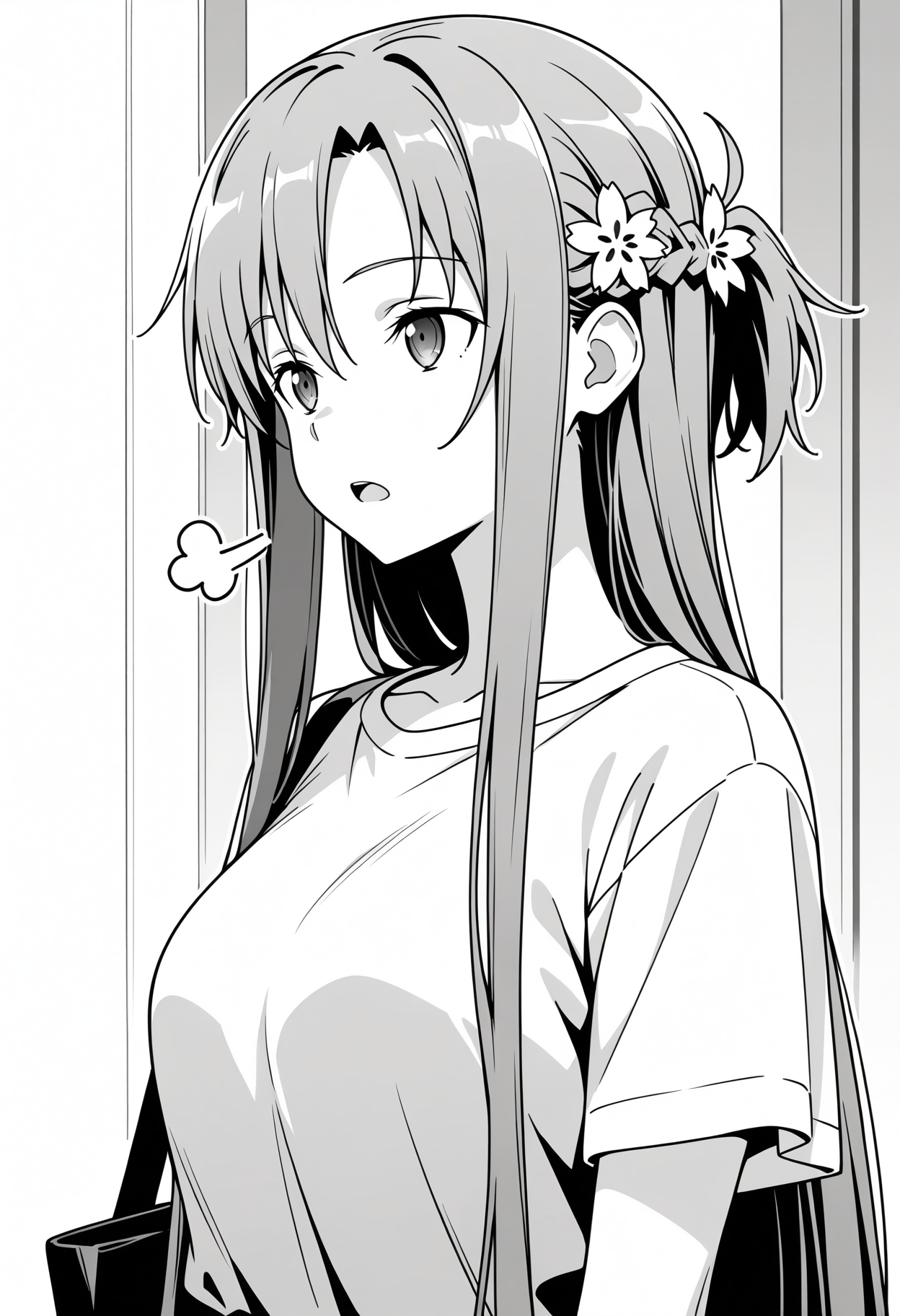 masterpiece, best quality, high resolution, source_anime, highly detailed illustration, detailed eyes,  
very aesthetic, absurdres, newest, amazing quality, 
asuna \(sao\), sword art online style,
<lora:shiExSighV1ill:1>,  shisigh, sigh, puff of air, 1girl, solo, long hair, open mouth, shirt, hair ornament, hair between eyes, upper body, monochrome, flower, greyscale, hair flower, bag