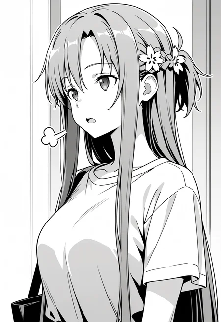 masterpiece, best quality, high resolution, source_anime, highly detailed illustration, detailed eyes,
very aesthetic, absurdres, newest, amazing quality,
asuna \(sao\), sword art online style,
<lora:shiExSighV1ill:1>, shisigh, sigh, puff of air, 1girl, solo, long hair, open mouth, shirt, hair ornament, hair between eyes, upper body, monochrome, flower, greyscale, hair flower, bag