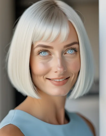 A portrait of a woman with a sleek, straight bob in platinum blonde, her pale blue eyes filled with curiosity, and a subtle, playful smile on her lips. <lora:usual-portrait-v2:1>