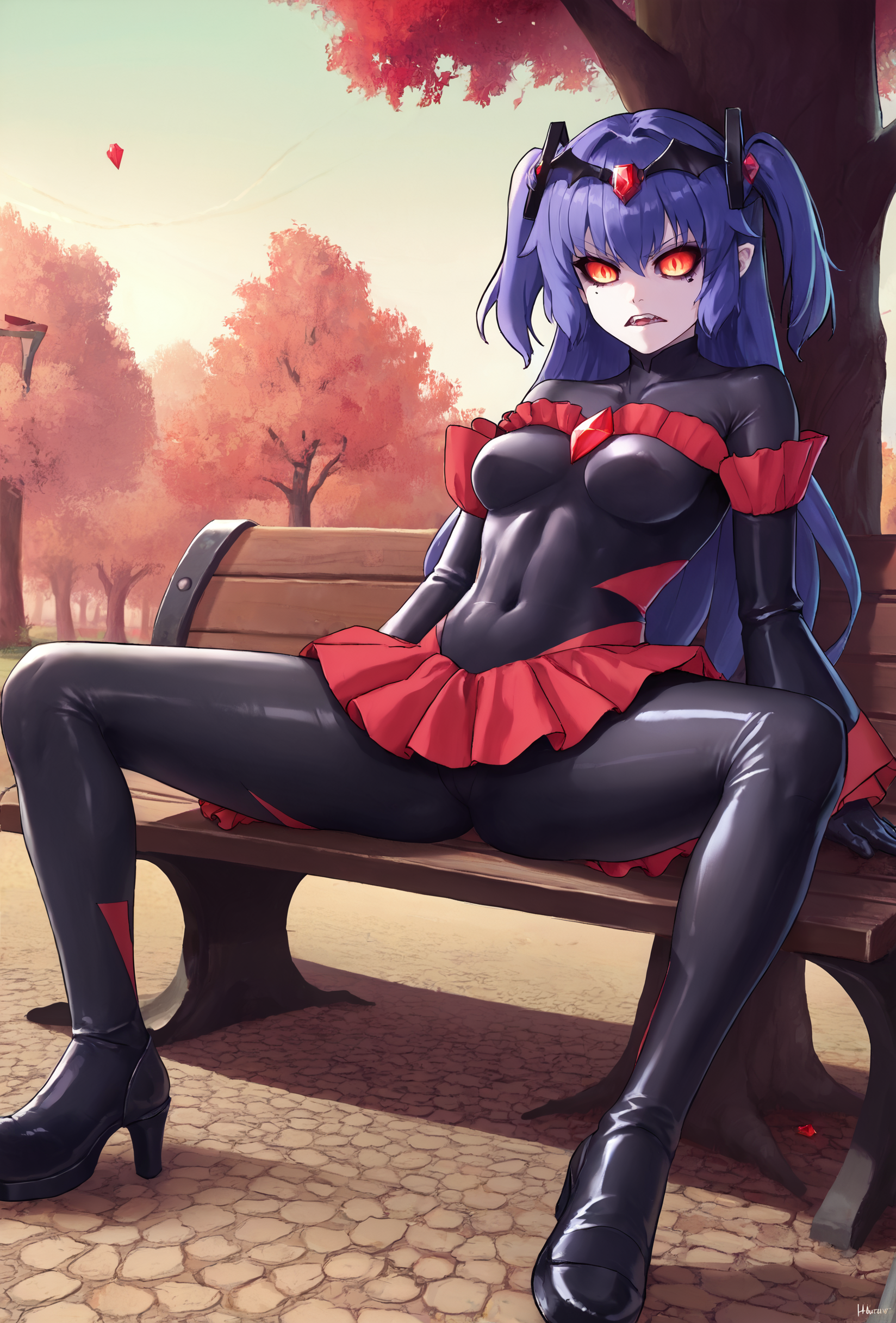 zPDXL, solo, 1girl,
hayase yuuka, two side up, 
black badend-bodysuit, badend-tiara, red frills, red skirt, red gem,
outdoors, tree,
sitting on bench, spread legs, 
<lora:CorruptionSlider2:8>  <lora:bad-end-ot14-1701:0.8> <lora:yuuka-ponyxl-kohya3:0.8>