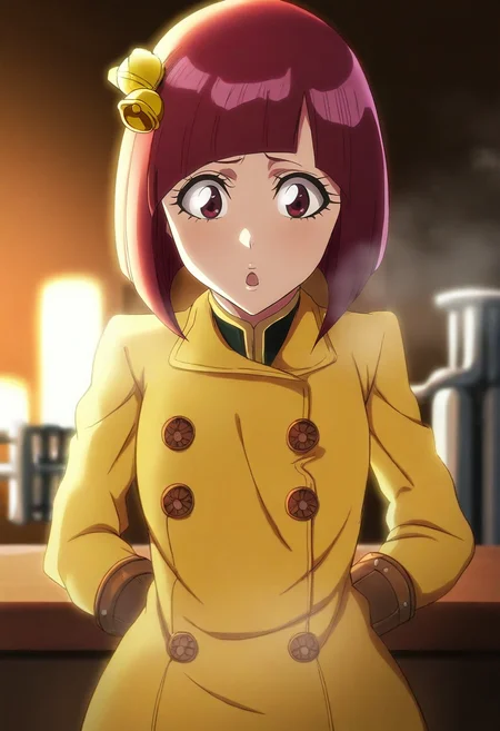 masterpiece, best quality, , intricate details, , depth of field, 1girl, coral eyes, chestnut hair, choppy bob, hair bell,, solo, steampunk lab, brass machines, steam pipes, work tables, experimenting pose, concentrated expression, warm lighting, <lora:bleach_tybw_style_ilxl:0.86>, bleach_tybw_style,