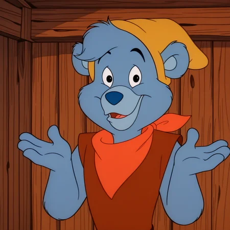 gustogummixl, anthro, blue bear, solo, cartoon, toony, retro, upper body, looking at viewer, smile, hands up, parted lips, yellow hat, brown tunic, orange bandana, indoors, wooden walls, detailed background