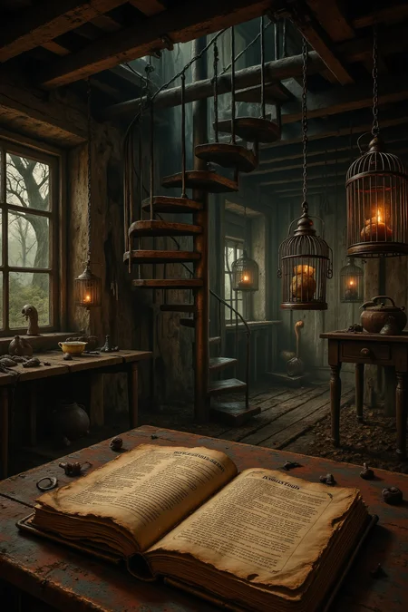Under the silent watch of skeletal trees in a haunted orchard, a weathered barn leans precariously over cursed soil. Inside, ghostly farm tools rattle at the edges of vision, while a spiral staircase descends into a hidden root cellar lit by spectral lanterns. There, rusted cages hang from the rafters, each containing a different supernatural creature's remains. A tattered journal filled with cryptic recipes lies on a moldy table, describing rituals to harvest the orchard's forbidden fruit.
