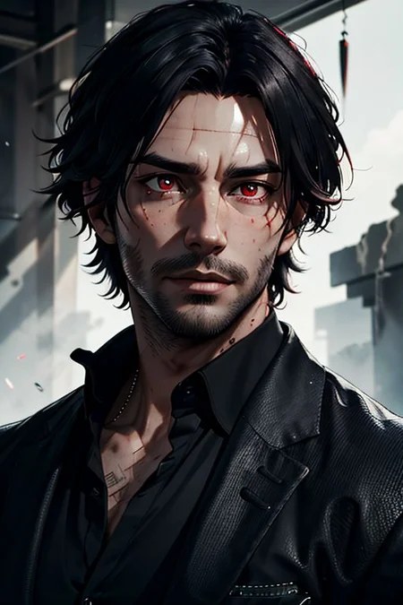 Master piece, highest quality, highest possible OverallDetail, Semirealism, red eyes,
Create an elder of a demonic sect.
The character looks like he is in his late twenties or early thirties. He is handsome.
He has black shoulder-length shaggy hair.
His eyes are dark red. Detailed face.