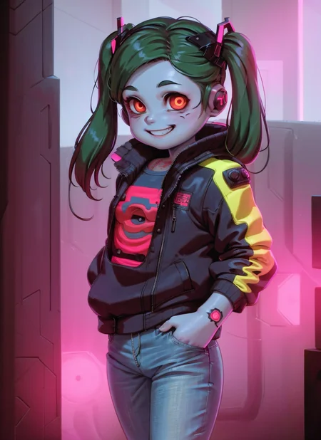 sfw, masterpiece, best quality, ultra-detailed,, 1girl, solo, alkemanubis <lora:alkemanubis128_128-15:0.7>, red sclera,red pupils, cyborgunder, tattoo, green hair,colored skin, twintails, twin<lora:RebeccaCyberpunk_RebeccaCyberpunk:0.65>, (cyberpunk jacket:1.3), (tshirt:1.1), jeans, hands in pocket, grin