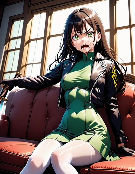 PonyXLV6_Scores ,25d Style, 1girl, solo, long hair, looking at viewer, open mouth, black hair, gloves, long sleeves, dress, holding, medium breasts, sitting, green eyes, jacket, weapon, pantyhose, open clothes, black gloves, sword, indoors, tears, fingerless gloves, holding weapon, open jacket, black jacket, v-shaped eyebrows, window, covered navel, glowing, holding sword, short dress, katana, crying, couch, cropped jacket, white pantyhose, crying with eyes open, green dress, leather, on couch, leather jacket, <lora:25DPDXL:1>
