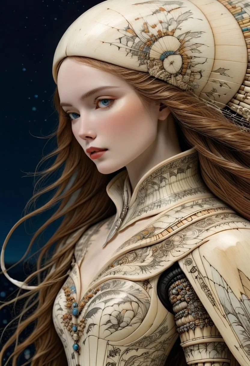 made out of scrimshaw, 1girl, solo, long hair, detailed eyes, natural eyes, very aesthetic, intricate eyes, confident, focused, at night, mascara, beautiful female, detailed, candles, dynamic shot, night, mature woman, bokeh, masterpiece, best quality, amazing quality, absurdres, thick lips, fully dressed, nbn-freyja, gloves, (anatomically correct:1.9), feminine strength, grief, freedom, ritual magic, auburn hair, photorealism, cinematic lighting, high fantasy, mythic portraiture, soft background, northern folklore aesthetic, (cybersuit made out of scrimshaw:1.8), (hat made out of scrimshaw:1.6), natural hands, cyberpunk, futuristic, outdoors, graveyard made out of scrimshaw.