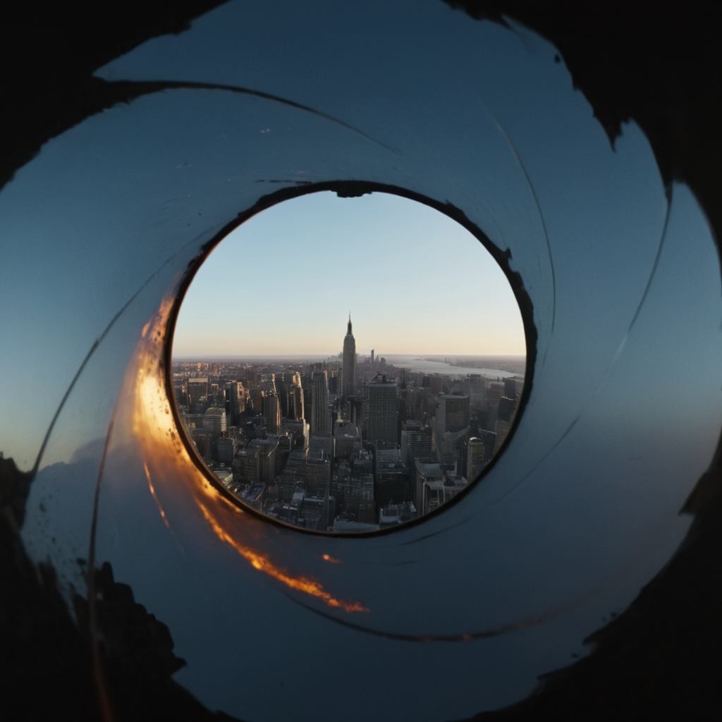 UHD, 4k, ultra detailed, cinematic, a photograph of <lora:Gun barrel sequence v2:0.6>
a view of a city from a window is see through a medium hole window,sky,no humans,window,building,scenery,city,cityscape , Gun barrel hole,  gun barrel's interior,  pinhole camera,, epic, beautiful lighting, inpsiring