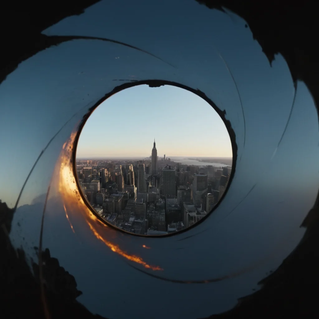 UHD, 4k, ultra detailed, cinematic, a photograph of <lora:Gun barrel sequence v2:0.6>
a view of a city from a window is see through a medium hole window,sky,no humans,window,building,scenery,city,cityscape , Gun barrel hole, gun barrel's interior, pinhole camera,, epic, beautiful lighting, inpsiring