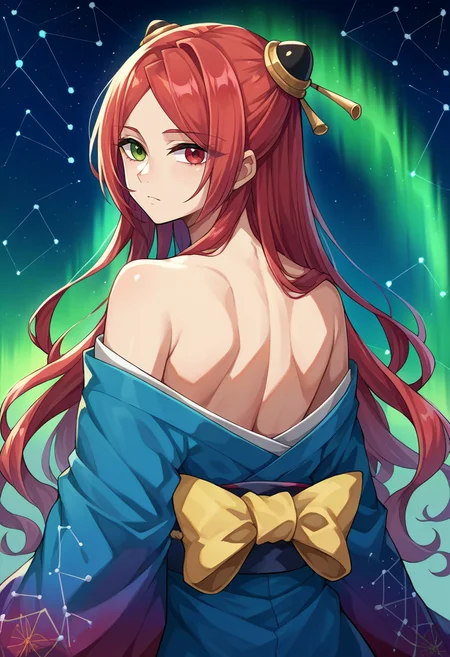 score_9, score_8_up, source_anime, 1girl, solo, ShibaTomoshibi, heterochromia, red hair, long hair, parted bangs, hairpods, aurora, back, bare back, bare shoulders, constellation, from behind, kimono, light particles, long sleeves, off shoulder, looking back, <lora:ChamShibaTomoshibiPonyXL:1>