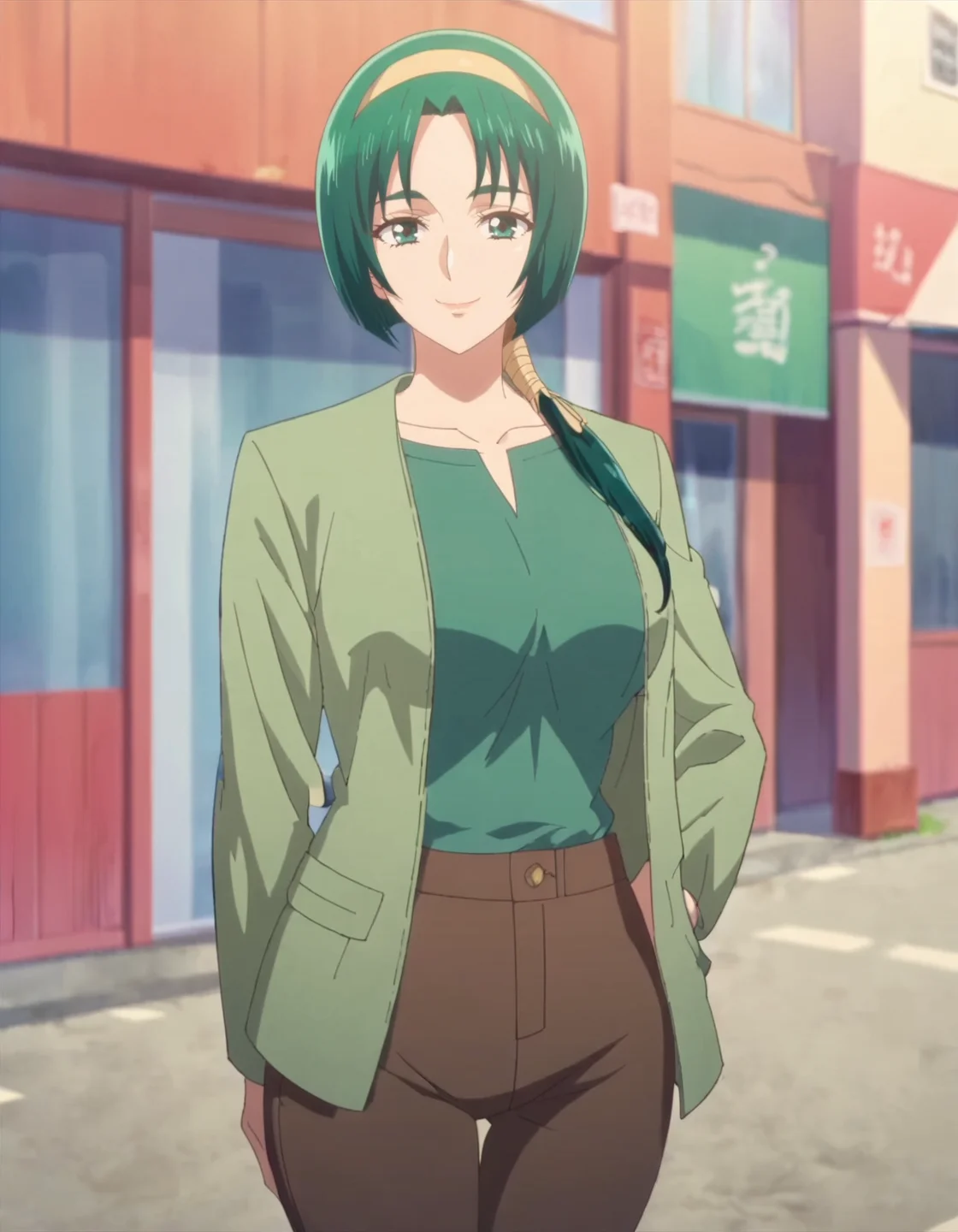 score_9, score_8_up, score_7_up, anime screencap, solo,1girl,akimotokomachi, 1girl, solo, green shirt, smile, long hair, hairband, looking at viewer, shirt,pants,jacket,cowboy shot,large breasts,wide hip, <lora:akimotokomachi:0.8>