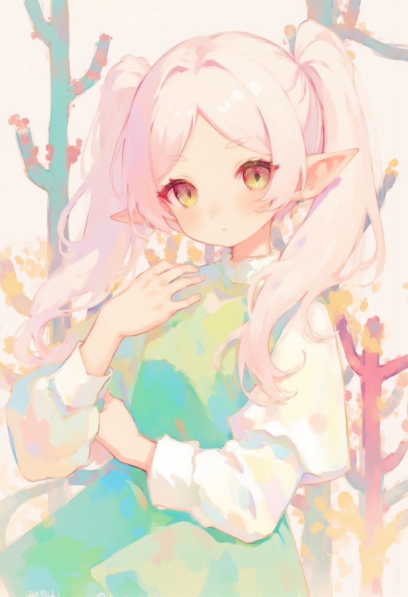 soft pastel anime, nereirfpnxl, frieren, elf, pointy ears, green eyes, white hair, twintails