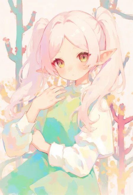soft pastel anime, nereirfpnxl, frieren, elf, pointy ears, green eyes, white hair, twintails