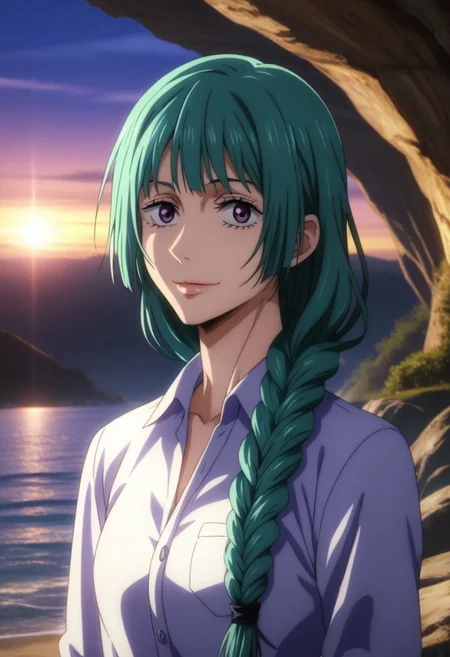 score_9, score_8_up, score_7_up, source_anime, intricate details, anime screencap, perfect balance, official art, extremely detailed CG unity 8k wallpaper, perfect lighting, Colorful, Warm_Front_face_Lighting, (masterpiece:1.0),(best_quality:1.0), ultra high res,4K,ultra-detailed, photography, 8K, HDR, highres, absurdres:1.2, Kodak portra 400, blurry background, bokeh, lens flare, (Anime) (vibrant_color:1.2), professional photograph, night, (good_face:1.2), 2d, anime, upper body, intricate iris, American, 1960s, 1970s, Professional character design, 1girl, female focus, (vibrant amethyst purple eyes), perfect eyes, (bright green-teal hair), (Long Silky smooth hair), (pretty hair), (beautiful hair), (curtain bangs), braided hair, preppy, white dress shirt, youthful, feminine, sultry, solo, jujutsu_kaisen_style, character portrait, (perfect-lighting, lens flare), face, torso, (Charming) (Beautiful) (Elegant) (Sophisticated smile), feminine, young, (Wealthy, manor, extravagant, ornate embellishments, coastal, shore, cliff), warm sunlight, dawn, (sunlight), (warm lighting), comfortable lighting. turquoise hair, teal hair, blue-green hair, green-blue hair, cyan hair, fluorescent hair, neon hair, vibrant purple eyes, amethyst eyes