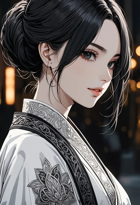 gorgeous lips, cinematic, (masterpiece), (best quality), (ultra-detailed), very aesthetic, illustration, perfect composition, intricate details, absurdres, detailed face, (anime, masterpiece, intricate:1.3), (best quality, hires textures, high detail:1.2), (4k),(incredibly detailed:1.4) (beautiful detailed face, beautiful detailed eyes)
villain, 1woman, arrogant smile
high pointed nose, (nostrils:1.3), no bra, blurry, 22-year-old woman, pale skin,
black eyes, bob black hair, big brests
white kimono, pelvic curtain on ass, large ass, from behind, outdoors, dimly lit, white background