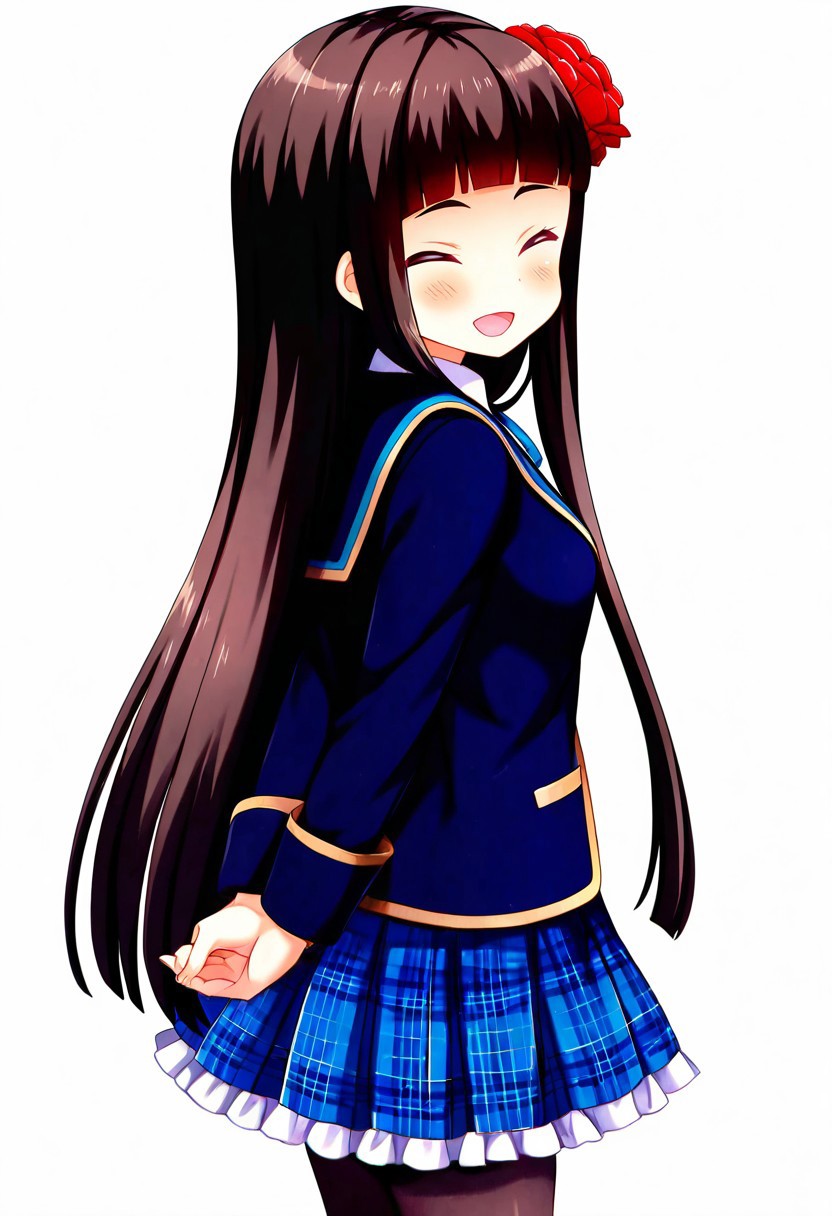 masterpiece,best quality,good quality,newest,4k,perfect lighting,cinematic,very aesthetic,official art,anime screencap,anime coloring,(((white background,simple background))), detailed fingers,
1girl,solo,shiranui isuzu,black hair,long hair,blunt bangs,hair ornament,hair flower,seio school uniform,blue jacket,long sleeves,blue school ribbon,white shirt,blue skirt,plaid skirt,frilled skirt,black pantyhose,
looking at viewer,blush,smile,open mouth,closed eyes,looking back,facing away,standing,arms behind back,own hands clasped,upper body,BREAK
<lora:ILisuzu:1>