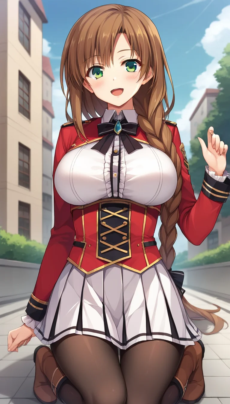 score_9,score_8_up,masterpiece,best quality,correct anatomy,anime_source,1girl,solo,perfect eyes,perfect arms,perfect legs,perfect face,outdoors,upper body,(portrait:1.5),looking at viewer,facing viewer,smile,blush,Kuninaka Kaori,very long hair,brown hair,single braid,hair over shoulder,sidelocks,bangs,green eyes,uniform,black bowtie,black ribbon,brooch,red jacket,cropped jacket,white shirt,collared shirt,center frills,shirt breasts out,red corset,long sleeves,large breasts,underbust,jewelry,miniskirt,white skirt,pleated skirt,black pantyhose,boots,brown footwear,<lora:Kuninaka Kaori(kpk)-Pony:1.1>,