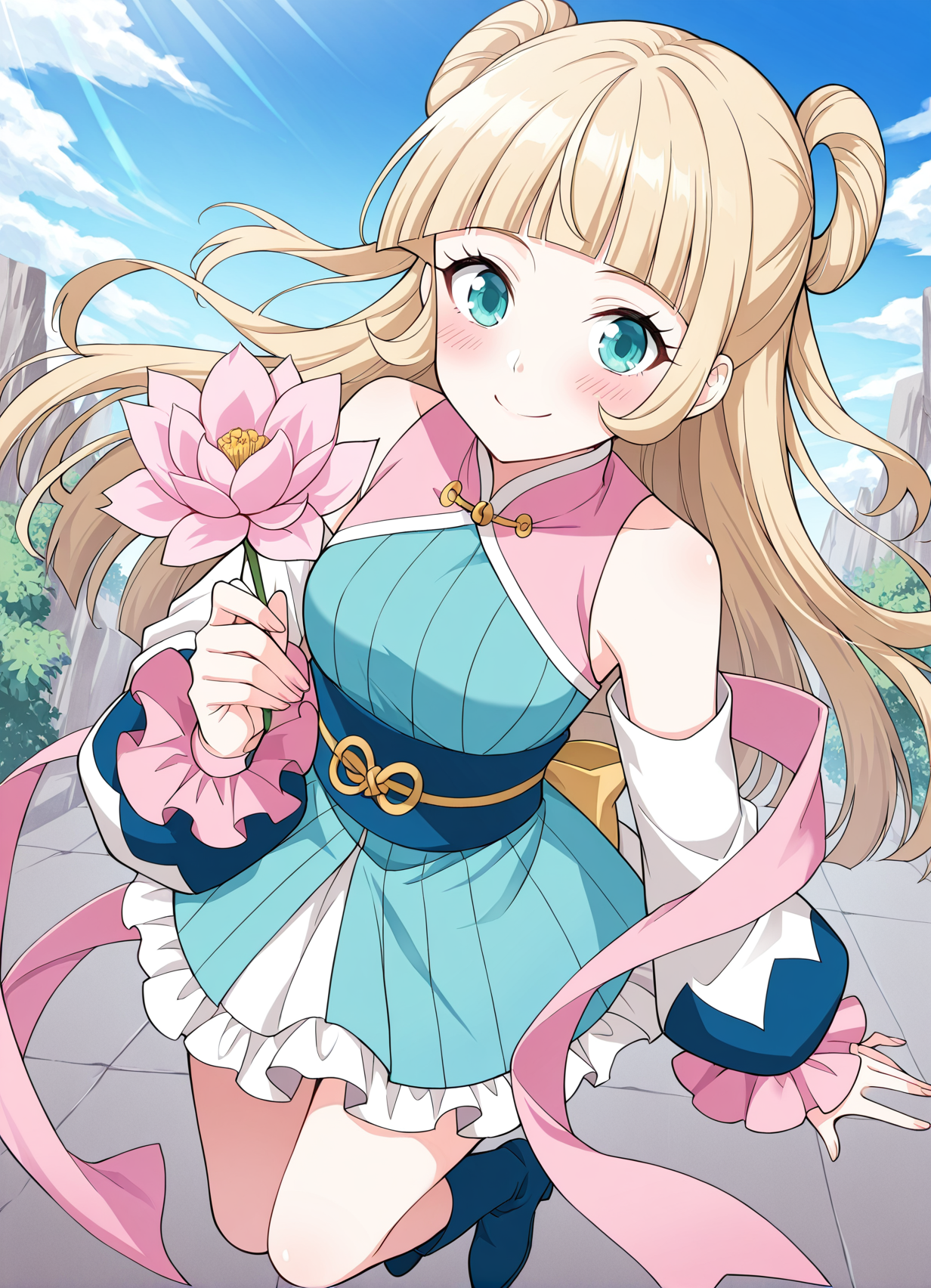 <lora:Mu_Qing_Luan__Battle_Through_the_Heavens__Illustrious:1>
1girl, solo, blonde hair, twin buns, long hair, ahoge, blunt bangs, teal eyes, anime style, 
blue and pink outfit, oriental dress, short dress, frilled skirt, pink sash, golden bow, detached sleeves, long sleeves, blue boots, big cuffs, ribbon details, open shoulders, 
score_9, score_8_up, score_7_up, very aesthetic, source_anime, detailed, high quality, beautiful, masterpiece, detailed eyes, highres, best quality, masterpiece, outdoors, looking at viewer, blush, smile, holding flower, from above, floating, blue sky
