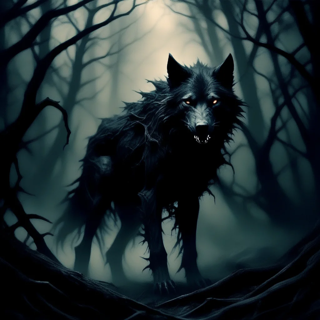 wyrmterro demonic wolf in forest, darkness<lora:wyrmterro:0.8>