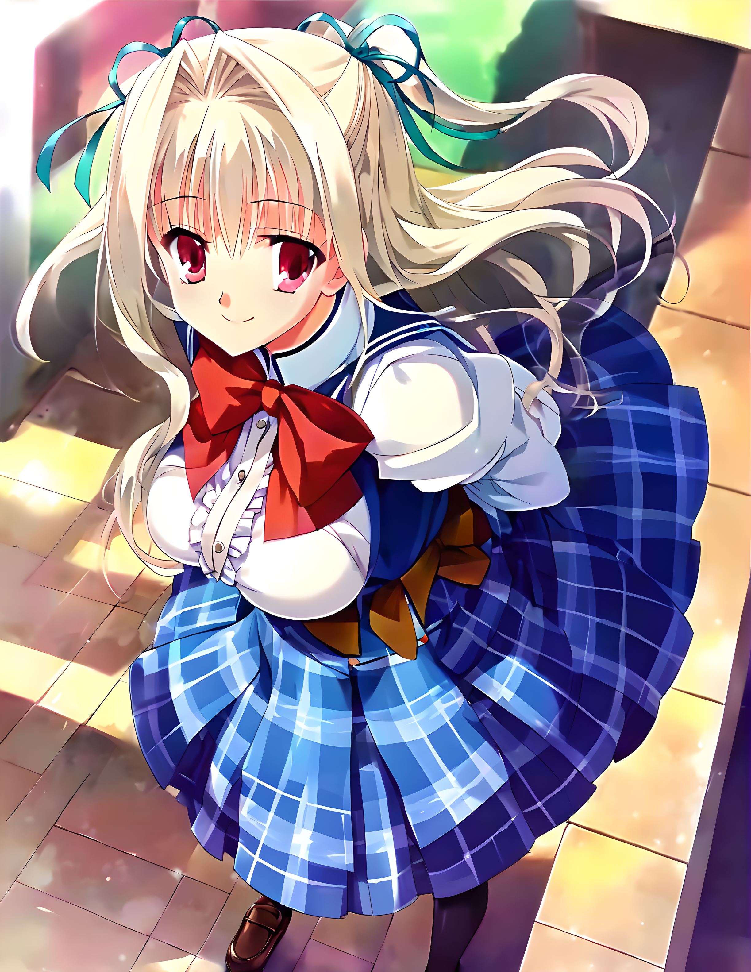 <lora:pony_xl_Charles>,Charles,score_9,score_8_up,score_7_up,source_anime,1girl,solo,hair_ribbon,looking at viewer,school uniform,dress,blue plaid,long sleeves,red bowtie,plaid skirt,black pantyhose,loafers,smile,:d,city,standing,arms_behind_back,