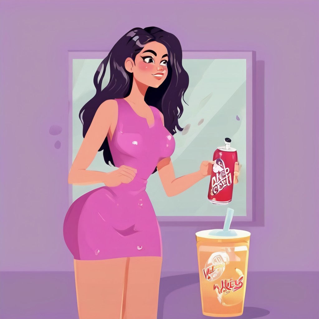 no text, quality highlights, (vellus hair), (arms and hands female pattern), 1girl in, Full body, Details Girl, detail hands, Detail fingers, Detail Face, a girl enjoy grab buzz soda.