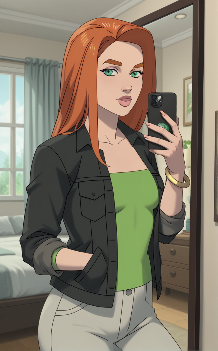 score_9, score_8_up, score_7_up, absurdres,an image of a person taking a picture of themselves in a mirror with a cell phone in front of them, looking at viewer, indoors, bedroom, curtains, full-length mirror, blurry background, depth of field,  <lora:PONYXL_Invincible_AtomEve_ownwaifu:0.85>, BREAK BlackJacketGreenShirt_AtomEve_ownwaifu, 1girl, orange hair, shiny hair, straight hair, eyelashes, green eyes, long hair, nose, thick eyebrows, thick lips, green shirt, black jacket, collarbone, open jacket, grey pants, jewelry, long sleeves, pocket, breasts, lipstick, bangle, breast pocket, medium breasts,    <lora:add-detail-xl:0.15>,